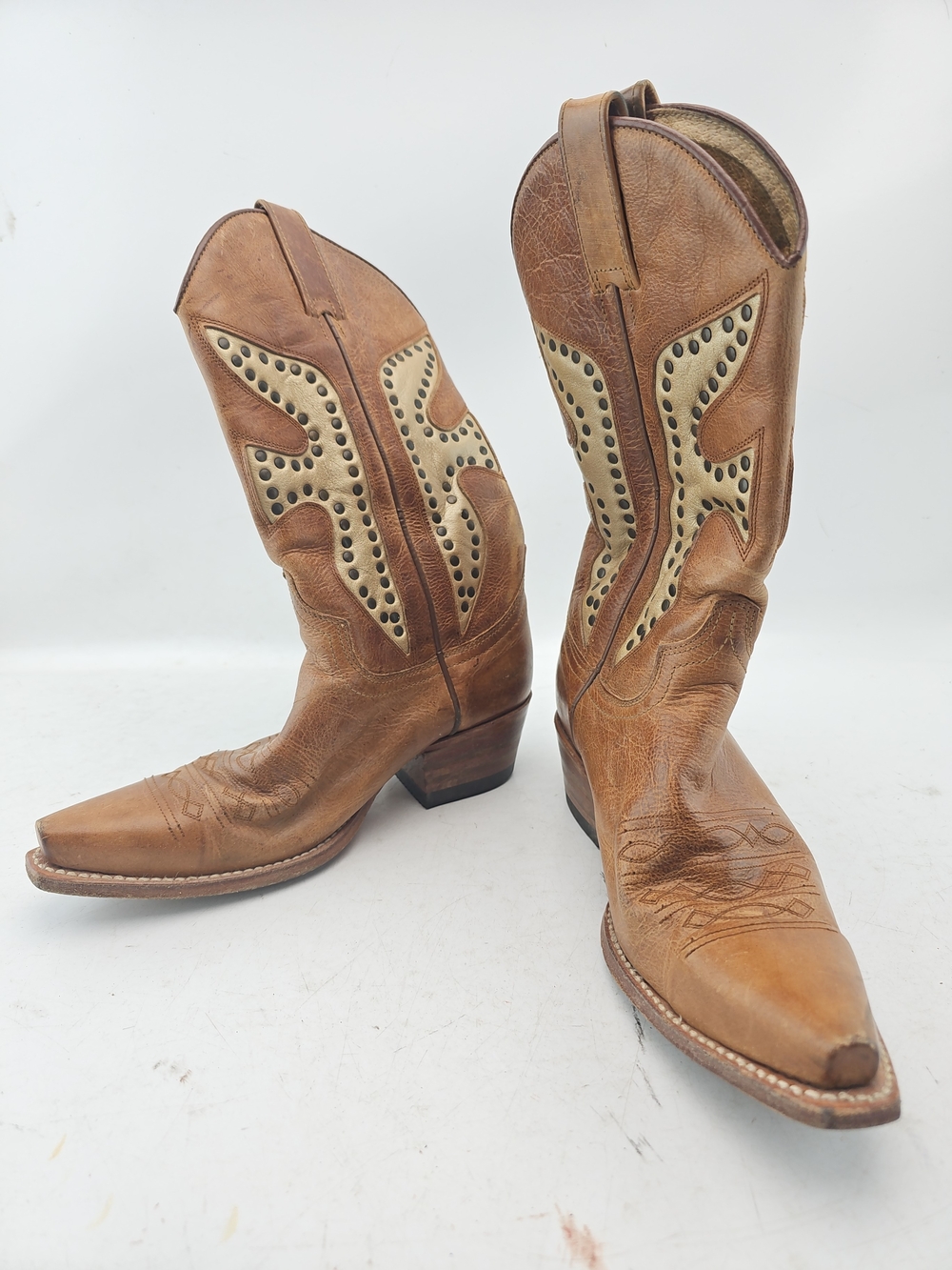 Frye Brown Leather Studded Western Heeled Boots